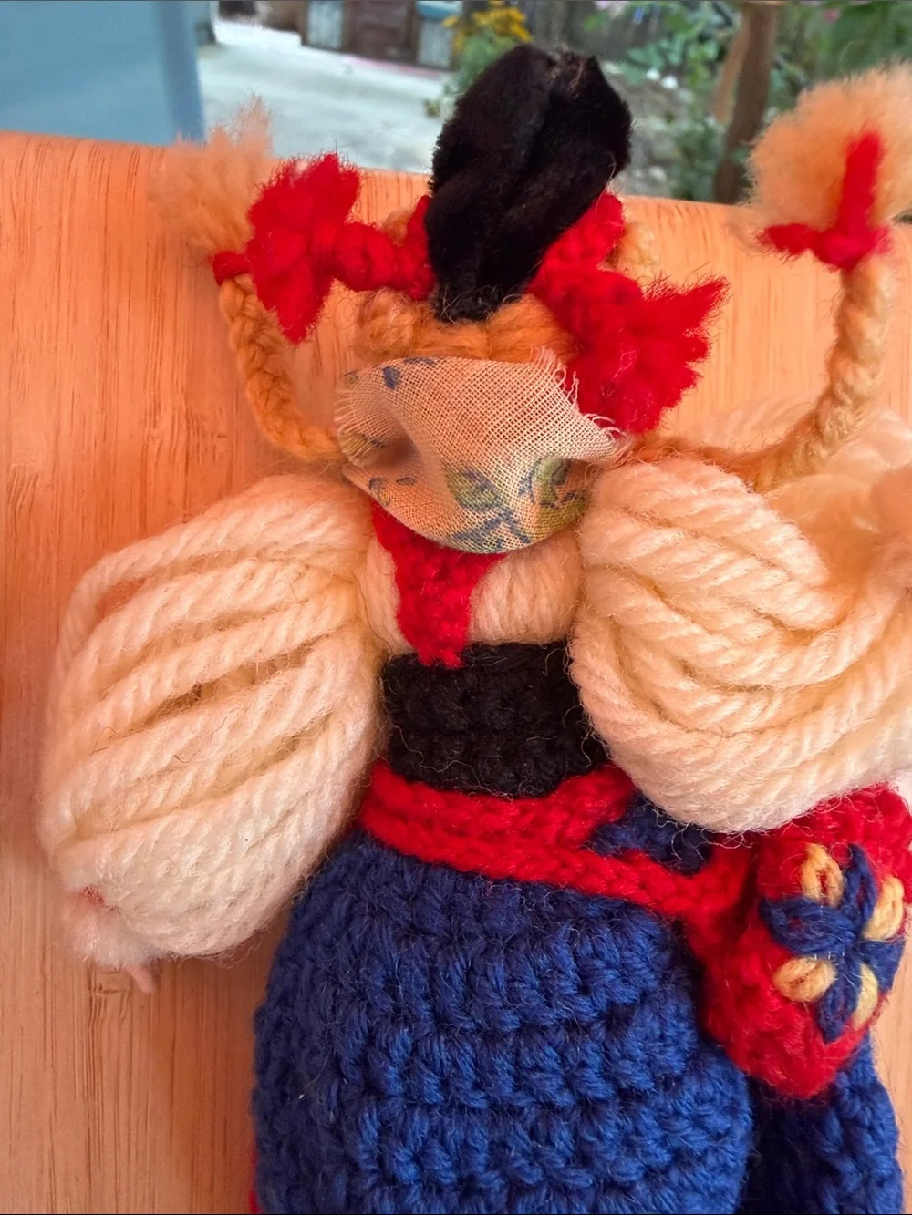 Handmade Blue & Red Yarn Folk Doll Pair with Yellow Accents